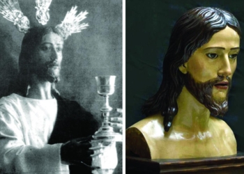 La imagen original y el busto ahora restaurado
